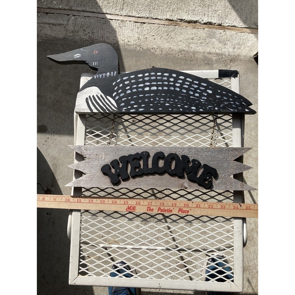 Loon - WELCOME Sign - Handmade Hand Painted Black and White Plaque